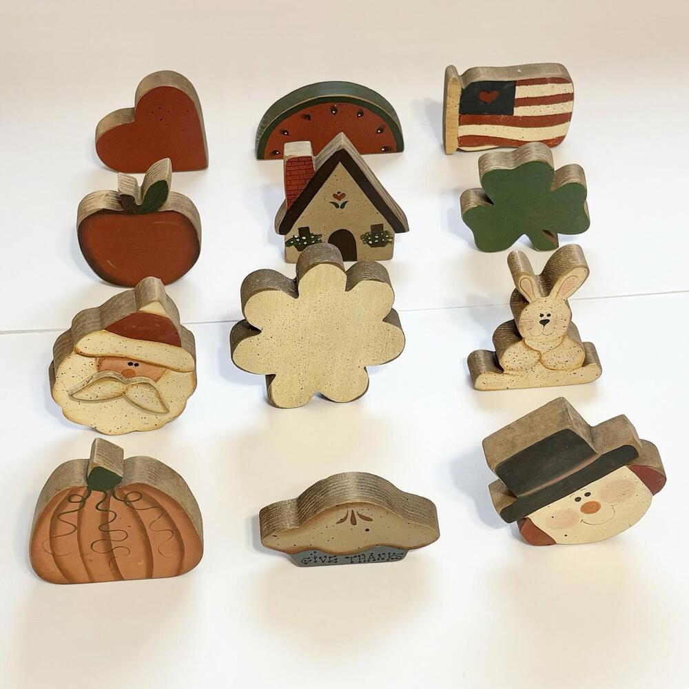 Folk Art Wood Blocks Holiday Decor Seasonal Theme Lot 12 Miniature